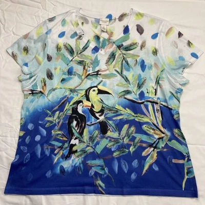 Weekends By Chicos Size 3 Womens Size XL Toucan Tropical Print V Neck T Shirt - Image 1 of 4