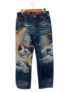 Karakuri Tamashii Men's Denim Jeans Whale Waves Embroidered Navy Size 36 - Picture 1 of 6