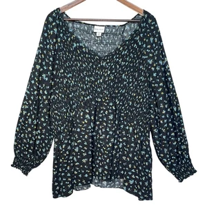 Ava & Viv Blouse Top Size 3X Black Floral Smocked Peplum V Neck Balloon Sleeve - Picture 1 of 10