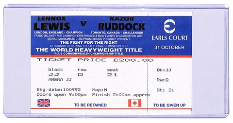 Lennox Lewis vs Razor Ruddock Ticket stub w/ Hard Plastic Holder BOXING Cover