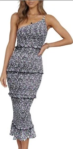 Pretty Garden One Shoulder Midikleid Blumenmuster gesmokt Rüschen Gr. XL - Bild 1 von 4
