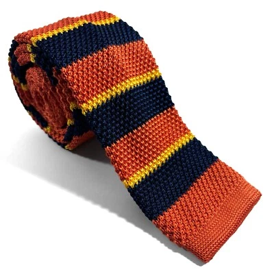 Orange & Navy Blue Striped Knitted Tie (Handmade) - Image 1 of 3