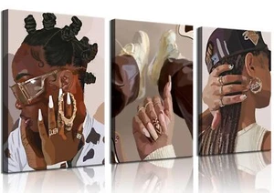 3Pcs Framed African American Black Woman Canvas Wall Art Fashion Black Girl W... - Picture 1 of 6