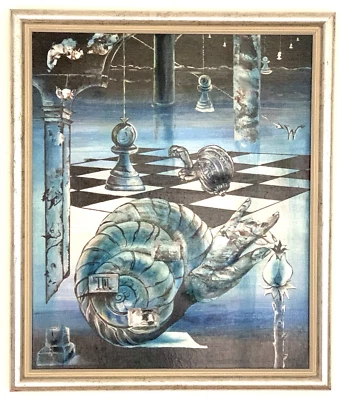 Vintage Surreal chess game original painting Wollenweber Foto 1 de 4