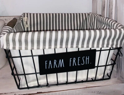 Rae Dunn Farm Fresh Farmhouse Style Storage Wire Basket & Striped Liner NWT - Image 1 of 4