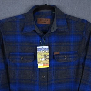 Orvis Big Bear Heavyweight Flannel Mens Small Navy Blue Rio Plaid Double Brushed - Picture 1 of 11