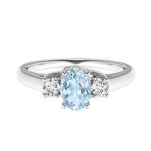 7x5 MM Oval Natural Aquamarine Gemstone Three Stone Ring 925 Sterling Silver - Picture 1 of 2