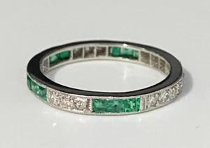 Art Deco Platinum Emerald & Diamond Eternity Band Ring Size P - 7 1/2 - Picture 1 of 9