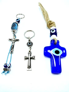 Kreuz böser Blick Glas Perle Wandhänger + Schlüsselanhänger + Autodekor, Nazar Charm - Bild 1 von 12
