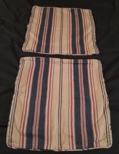 Pottery Barn Pillow Cover Pair Beige Blue Cotton Linen Blend Striped 18"x18" - Picture 1 of 12