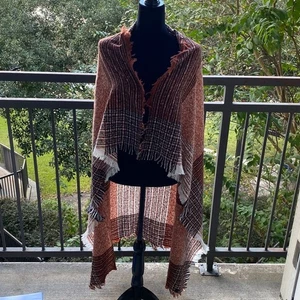 BLANKET SCARF Cabincore Plaid Stripe Warm Shawl Brown Oversized Wrap 50"x50" - Picture 1 of 11