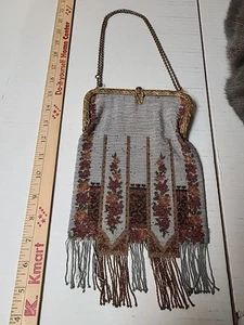 Antique 1920's Micro Beaded Floral Art Deco Lamé Thread Chain Fringe Bag Purse - Picture 1 of 8