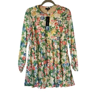 AFRM for Nordstrom Mini Babydoll dress S Floral Mesh Keyhole Long ruched sleeves - Picture 1 of 11