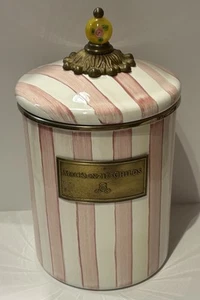 Mackenzie-Childs BATHING HUT Pink & White Stripe Enamel Medium Canister - Picture 1 of 19