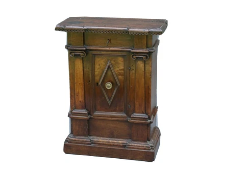 18th-Century Italian Walnut Cabinet Comodini Carved, Ionic Columns, Door Cover