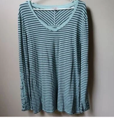 Top túnica jersey MOD-O-DOC verde menta rayas negras ribete ganchillo M Foto 1 de 4