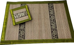 THAI Woven Reed Elephant Placemats (6) - Glass Mats (6) - Green-Silk - Picture 1 of 10