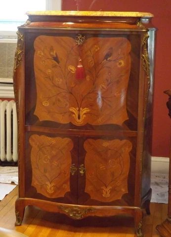 French Antique Inlaid Secretary Marble Top Bronze Mounts 19th Century EXC Cover