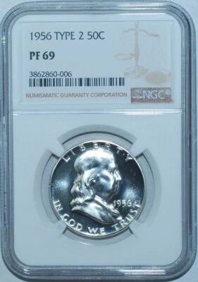 1956 NGC PR69 T2 Type 2 Proof Strike Franklin Half Dollar - Image 1 of 2