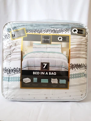 NUEVO-QUEEN-7 piezas- Juego de edredón cama en bolsa-rayas azul aguamarina tostado- colección hotelera Foto 1 de 4