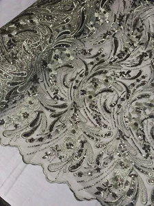 1 mtr sage green sequin embroidered scalloped bridal tulle net fabric 52” wide - Picture 1 of 7