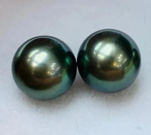 Pair 7-8mm natural south sea Tahitian genuine black peacock round loose pearls - Picture 1 of 7
