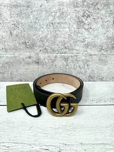Gucci GG Marmont Thin Belt In Black Leather With Brass Buckle - Kids Size S - Picture 1 of 5