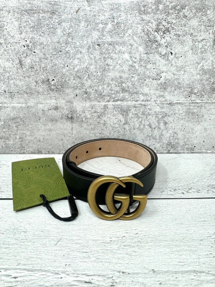 Cinto fino Gucci GG Marmont em couro preto com fivela de latão - infantil tamanho P - Imagem 1 de 4