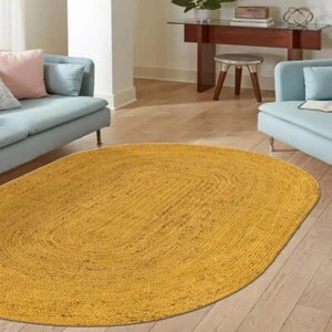 Oval Jute Rug in Yellow Color Handmade Area Rug Door Mat for Living Room Hallway - Picture 1 of 9