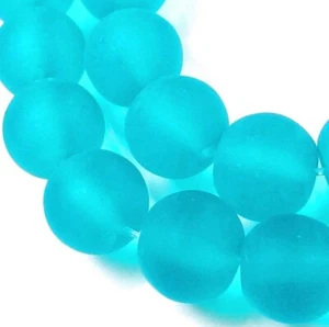 25 Frosted Sea Glass Round Beads Matte - Caribbean Blue 8mm - Picture 1 of 3