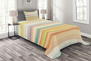 Pastel Quilted Bedspread & Pillow Shams Set, Stripes Watercolor Art Print