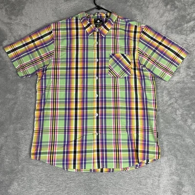 Camisa LRG Lifted Research Group Para Hombres XL Verde Púrpura Amarillo A Cuadros Manga Corta Foto 1 de 4