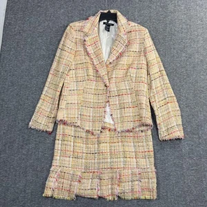 SILKLAND Skirt Suit Set Size M 10 Pink Multi Pastel Silk Blend Fringe Tweed - Picture 1 of 10