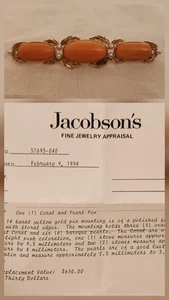 Prendedor de barra de coral y perlas de oro de 14 quilates vintage joyería evaluación Jacobson incluida - Imagen 1 de 10