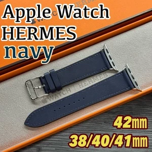 Hermes Apple Watch Band Navy Leather Simple Tour Strap 38/40/41/42mm Glass-Coat - Zdjęcie 1 z 10