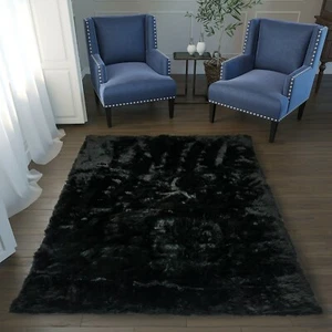 RugBerry 4x5 ft Faux Fur Sheepskin Area Rug Soft Fluffy Home Shag Carpet Black - Picture 1 of 7