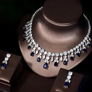 18K White Gold Filled Lab-Created Blue Sapphire Necklace Earrings Set Gorgeous - Picture 1 of 12