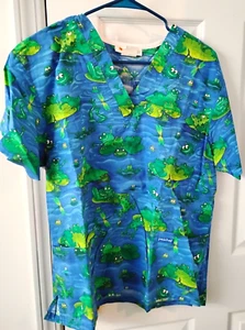 Peaches Uniform 2 Pocket Frog Themed Scrub Top Size M - Picture 1 of 1