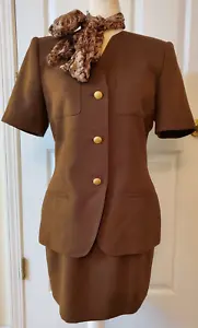 VTG Kasper ASL 2PC Brown Pleated Front Short Sleeve Skirt Suit with Scarf Size 4 - Picture 1 of 9