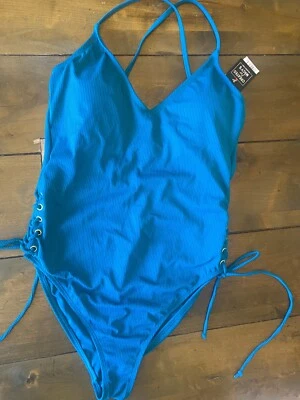 Women's California Waves ribbed cross back teal one piece swimsuit XL new tie - Image 1 of 4