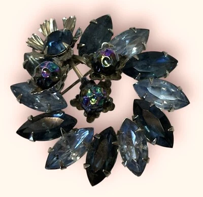 Vintage Blue Rhinestone Crystals Silver Tone Oil Slick Beads Floral Pin Brooch - Image 1 of 4