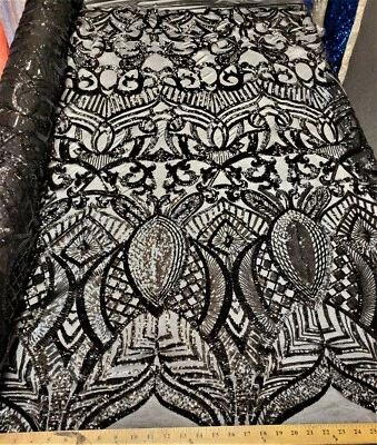 Black Stretch Nylon Spandex Mesh Sequin Fabric "Constellation design - Image 1 of 4