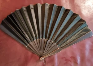 Antique Folding Hand Fan, Black Fabric Wooden Ribs 12" - Bild 1 von 5