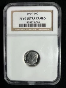 1964 10C Roosevelt Dime PF69 ULTRA CAMEO UCAM DCAM SILVER Proof NGC PR69 SKU3528 - Picture 1 of 3