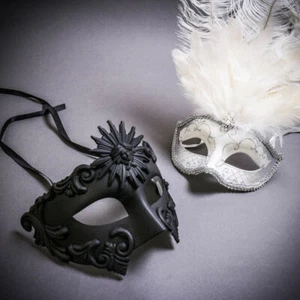 Black Greek Emperor & White Mardi Gras Eye Mask with Top Feather For Couples - Picture 1 of 5
