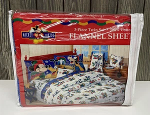 RARE Mickey's Stuff for Kids Vtg 3-pc Flannel Twin Sheets Set Disney Winter Sled - Picture 1 of 10
