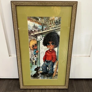 Vintage Michel T. Big Eyed French Print Boy Smoking With His Dog Framed 24x14 - Picture 1 of 8