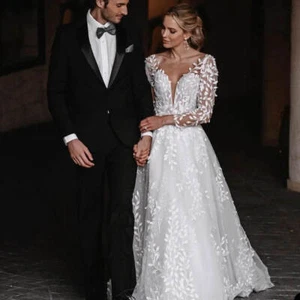 A Line Wedding Dresses Long Sleeve Leaves Applique V Neck Backless Train Layered - Picture 1 of 10
