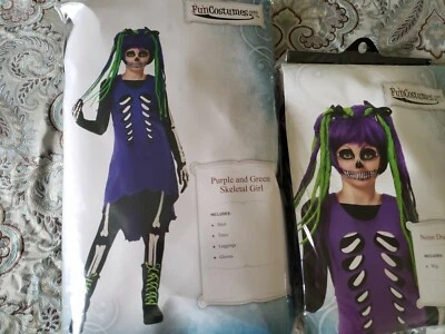 NUEVO Disfraz y peluca de esqueleto de Halloween para niña incluidos! XL 16 ¡Juego completo! Foto 1 de 4