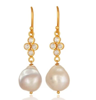 18KT Yellow Gold Gemstone Shell Pearl Drop Earrings Multi White Topaz Jewelry - image 1 of 4